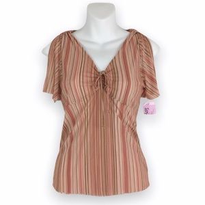 NWT Vintage 90s Y2K Sweet Pea Pink Cream Brown Striped Mesh Stretchy Top Shirt L
